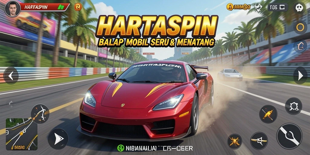 Screenshot gameplay HARTASPIN menampilkan aksi balap yang seru.