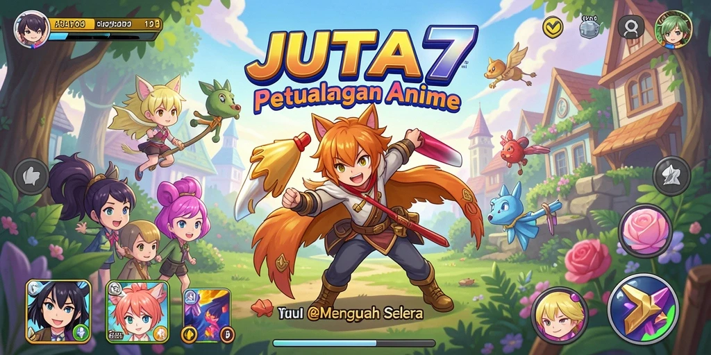 Tampilan gameplay JUTA7 yang memikat dengan karakter anime yang berwarna-warni.