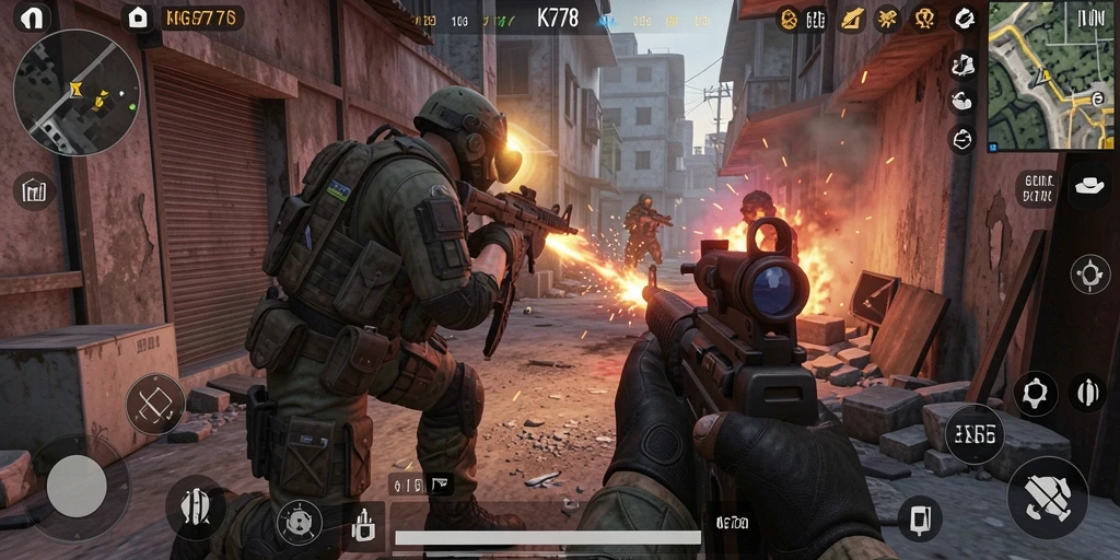 Screenshot KG778 menampilkan aksi pertempuran FPS yang mendebarkan.
