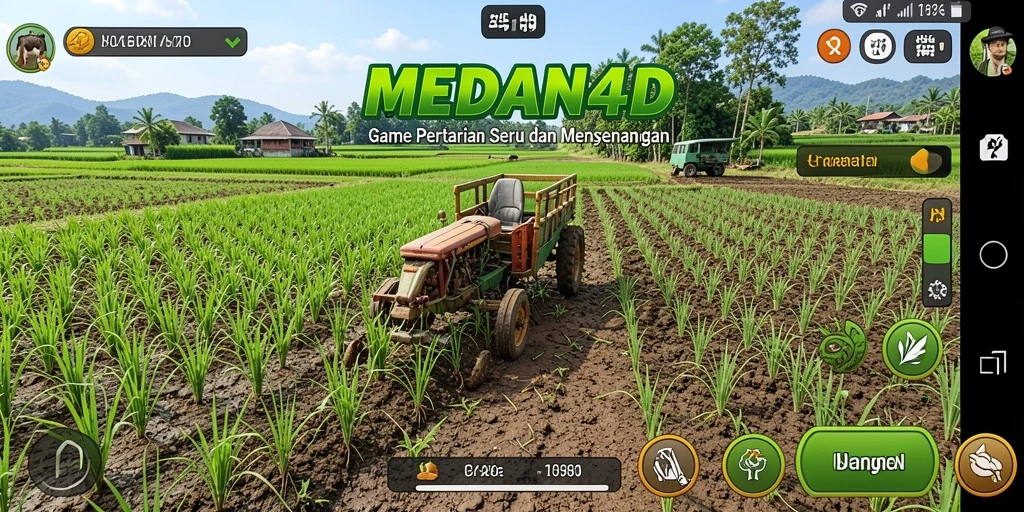 Screenshot utama MEDAN4D menampilkan aktivitas bertani yang seru.